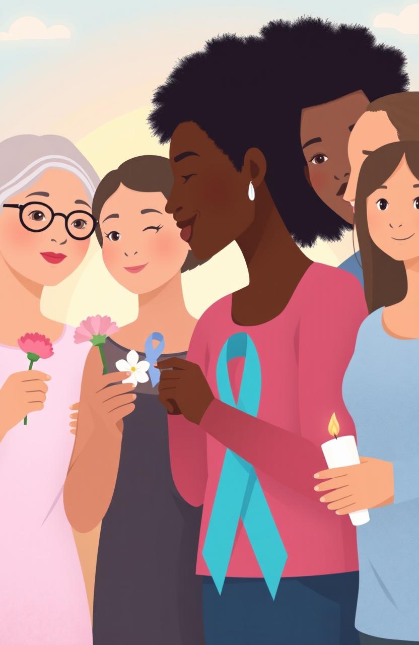 A poignant and inspiring representation of a cancer journey, showcasing the emotional resilience and strength of a cancer survivor