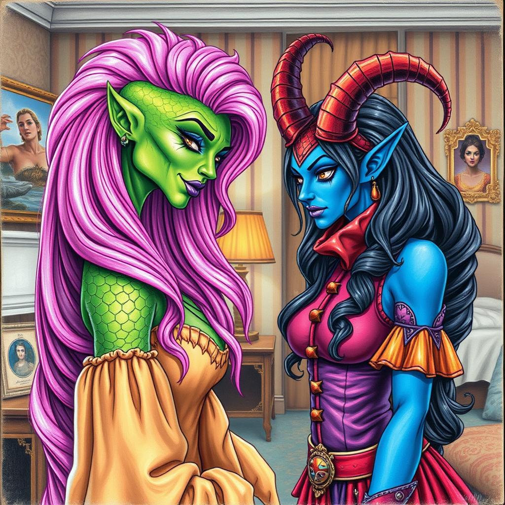 A mesmerizing scene featuring a woman with serpentine features and green scaly skin