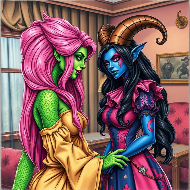 A mesmerizing scene featuring a woman with serpentine features and green scaly skin