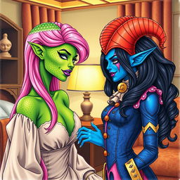 A mesmerizing scene featuring a woman with serpentine features and green scaly skin