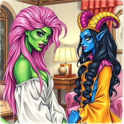 A mesmerizing scene featuring a woman with serpentine features and green scaly skin