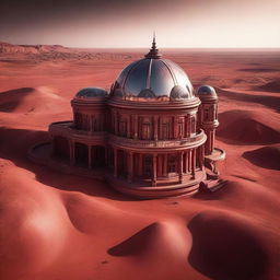 A drone's eye view of a lavish Victorian villa located on Mars, capturing the intricate architectural elements amidst alien red landscape, with a hint of endless Martian horizon at the distance.