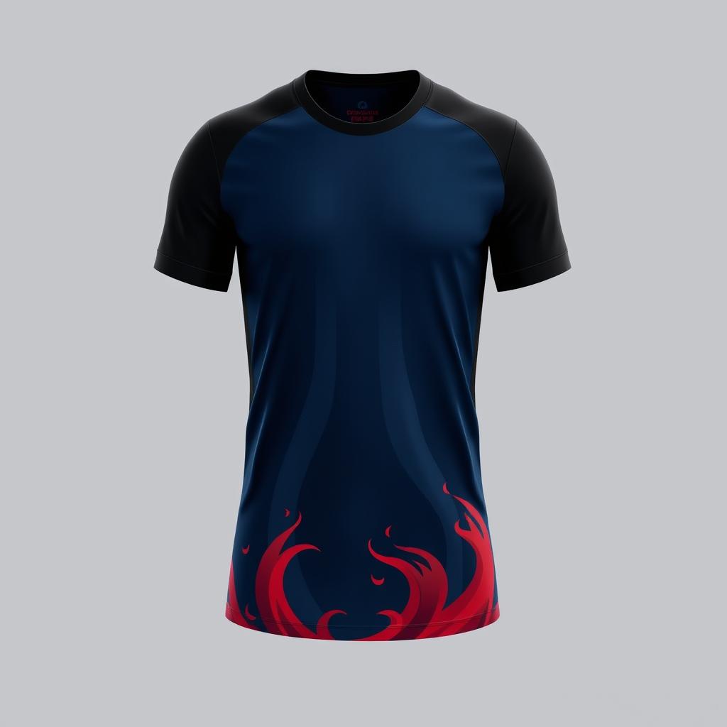 Design a sleek soccer jersey in dark blue and shades of black, featuring a striking dark red fire design at the bottom