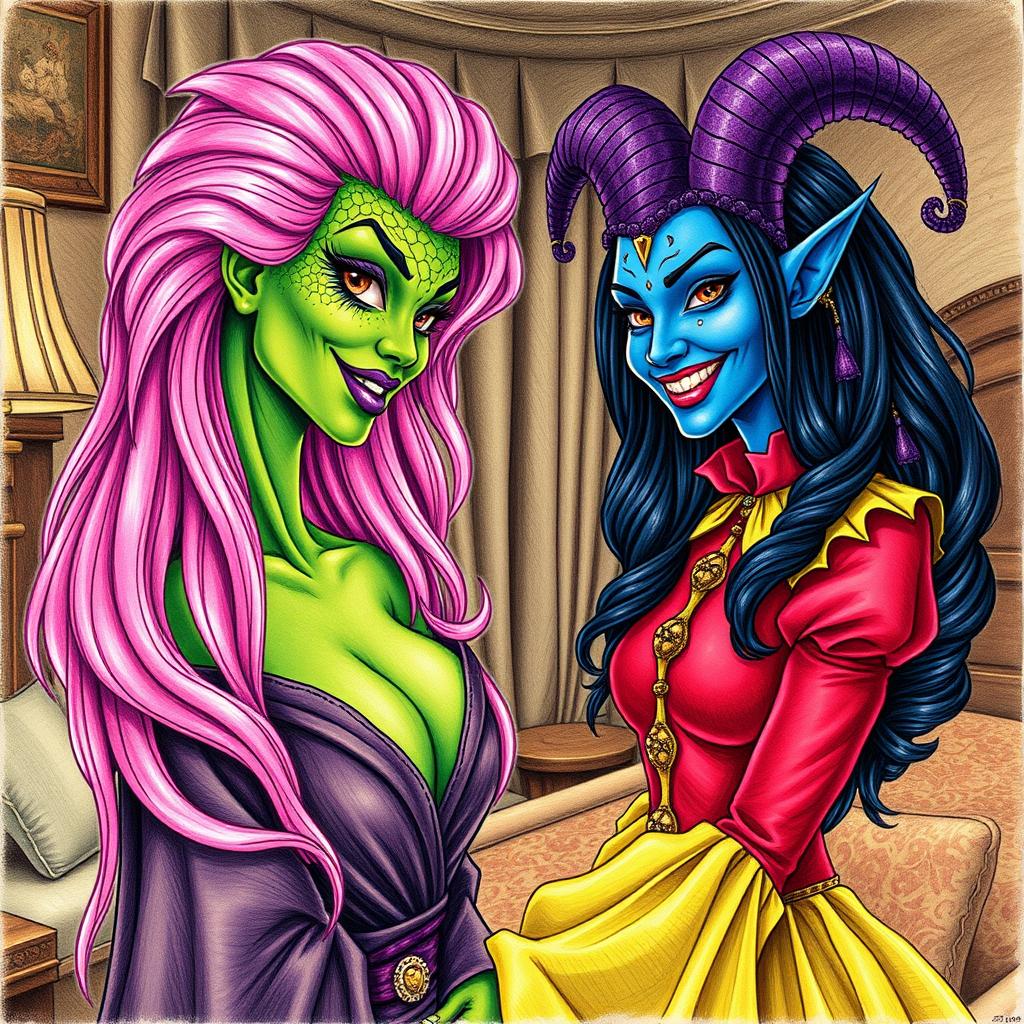 A striking scene featuring a woman with serpentine features, green scaly skin, and a full head of long, vibrant pink hair adorned with purple lipstick