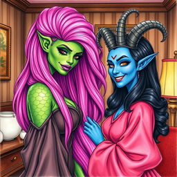 A striking scene featuring a woman with serpentine features, green scaly skin, and a full head of long, vibrant pink hair adorned with purple lipstick