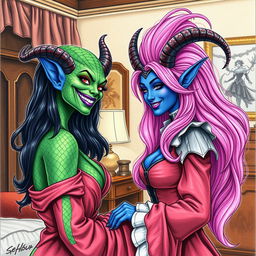 A striking scene featuring a woman with serpentine features, green scaly skin, and a full head of long, vibrant pink hair adorned with purple lipstick