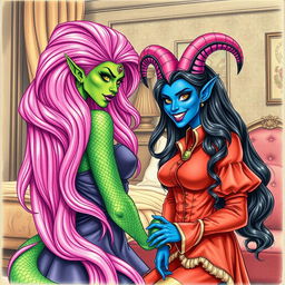 A striking scene featuring a woman with serpentine features, green scaly skin, and a full head of long, vibrant pink hair adorned with purple lipstick