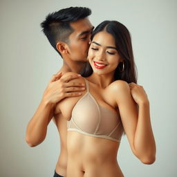 A 39-year-old Indonesian man with an athletic build and handsome features, hugging a beautiful 28-year-old woman from behind in a warm and affectionate embrace