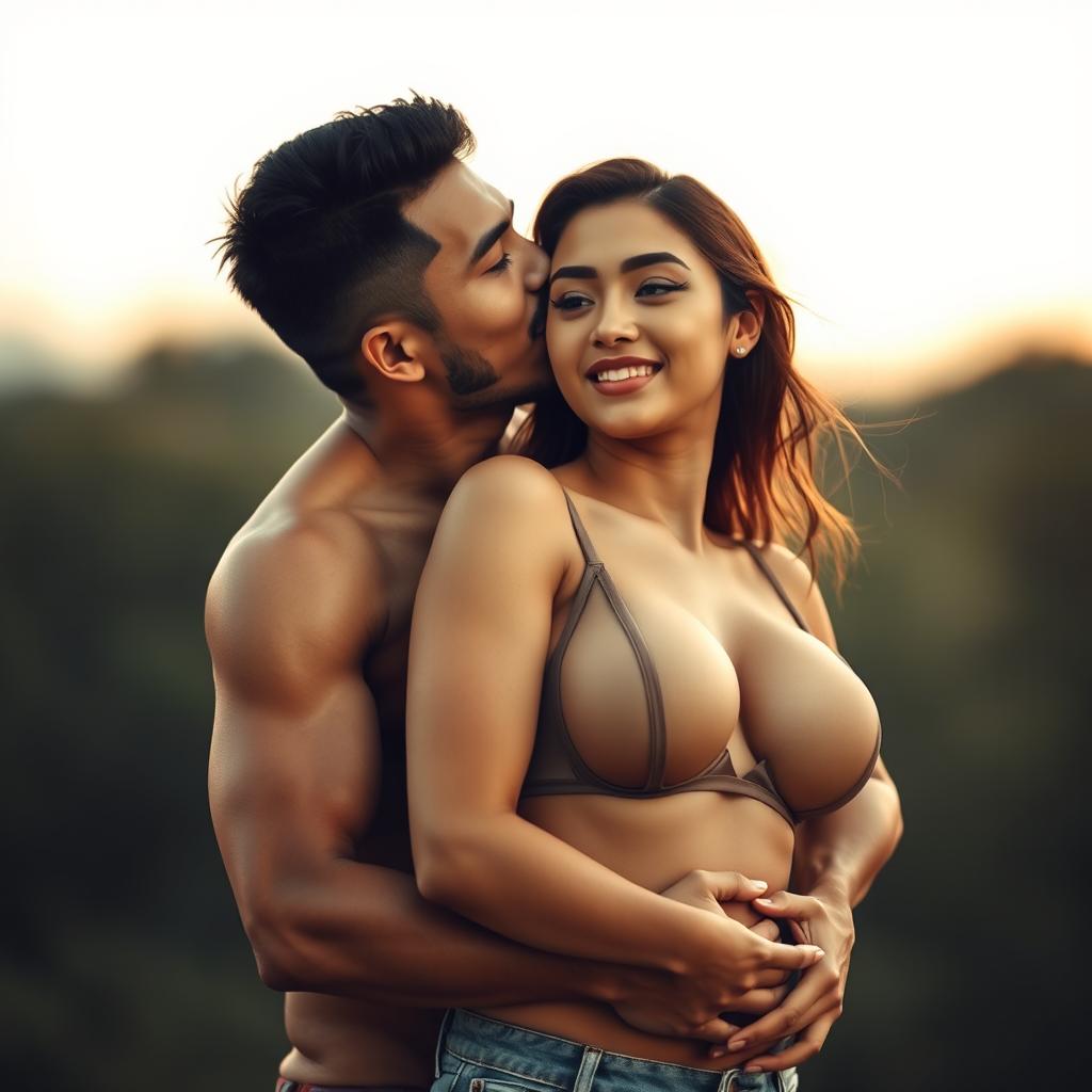 A 39-year-old Indonesian man with an athletic build and handsome features, hugging a beautiful 28-year-old woman from behind in a warm and affectionate embrace