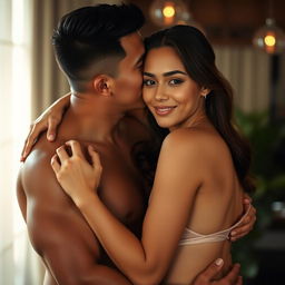 A 39-year-old Indonesian man with an athletic build and handsome features, hugging a beautiful 28-year-old woman from behind in a warm and affectionate embrace