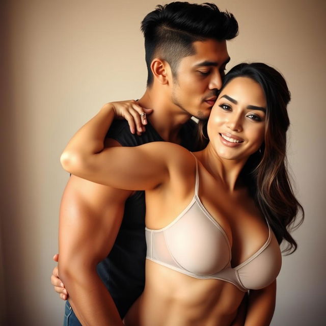 A 39-year-old Indonesian man with an athletic build and handsome features, hugging a beautiful 28-year-old woman from behind in a warm and affectionate embrace
