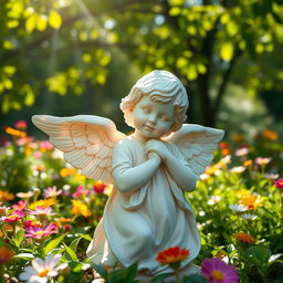 A beautiful, serene statue of a cherubic angel, depicting a child-like angel with soft features and delicate wings