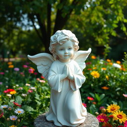 A beautiful, serene statue of a cherubic angel, depicting a child-like angel with soft features and delicate wings