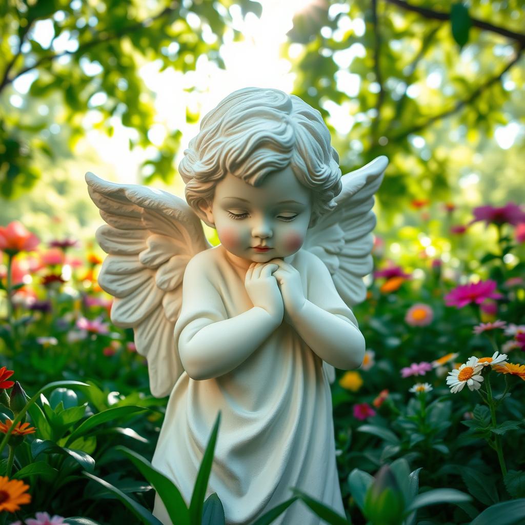 A beautiful, serene statue of a cherubic angel, depicting a child-like angel with soft features and delicate wings