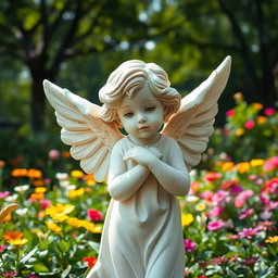 A beautiful, serene statue of a cherubic angel, depicting a child-like angel with soft features and delicate wings