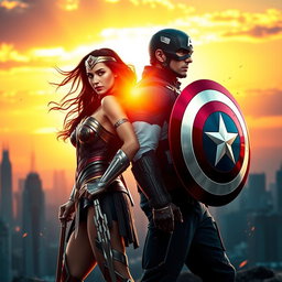 A dynamic scene featuring Wonder Woman and Captain America standing back to back in a heroic pose, illuminated by a vibrant sunset