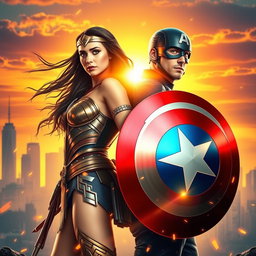 A dynamic scene featuring Wonder Woman and Captain America standing back to back in a heroic pose, illuminated by a vibrant sunset