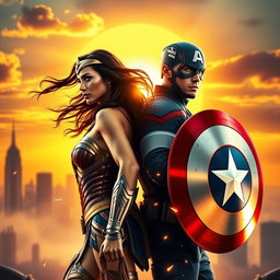 A dynamic scene featuring Wonder Woman and Captain America standing back to back in a heroic pose, illuminated by a vibrant sunset