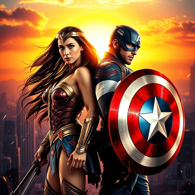 A dynamic scene featuring Wonder Woman and Captain America standing back to back in a heroic pose, illuminated by a vibrant sunset