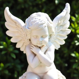 A beautifully crafted statue of a cherub, depicting a child-like angel with delicate features, a serene expression, and intricately sculpted wings