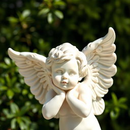 A beautifully crafted statue of a cherub, depicting a child-like angel with delicate features, a serene expression, and intricately sculpted wings