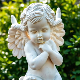 A beautifully crafted statue of a cherub, depicting a child-like angel with delicate features, a serene expression, and intricately sculpted wings