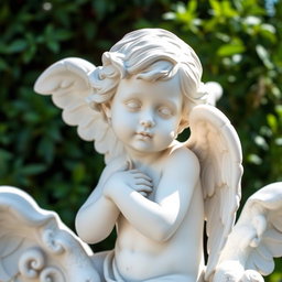 A beautifully crafted statue of a cherub, depicting a child-like angel with delicate features, a serene expression, and intricately sculpted wings