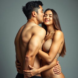 A 39-year-old Indonesian man with an athletic build and handsome features, embracing a beautiful 28-year-old woman from behind in a very affectionate manner while kissing her cheek