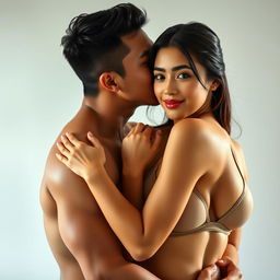 A 39-year-old Indonesian man with an athletic build and handsome features, embracing a beautiful 28-year-old woman from behind in a very affectionate manner while kissing her cheek
