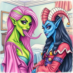A mesmerizing scene showcasing a woman with serpentine features, characterized by her green scaly skin and a full head of long, vibrant pink hair, complemented by purple lipstick