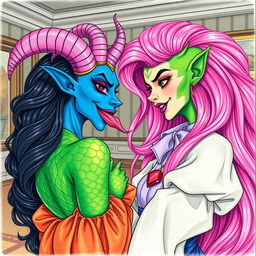 A mesmerizing scene showcasing a woman with serpentine features, characterized by her green scaly skin and a full head of long, vibrant pink hair, complemented by purple lipstick