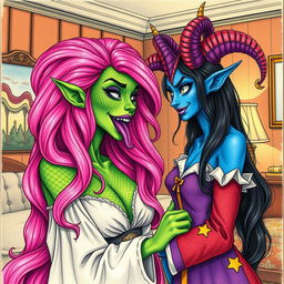 A mesmerizing scene showcasing a woman with serpentine features, characterized by her green scaly skin and a full head of long, vibrant pink hair, complemented by purple lipstick