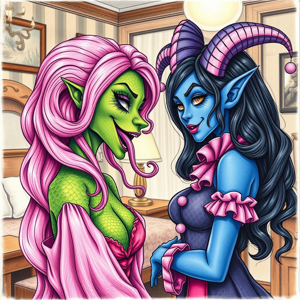 A mesmerizing scene showcasing a woman with serpentine features, characterized by her green scaly skin and a full head of long, vibrant pink hair, complemented by purple lipstick