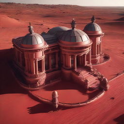 A drone's eye view of a lavish Victorian villa located on Mars, capturing the intricate architectural elements amidst alien red landscape, with a hint of endless Martian horizon at the distance.