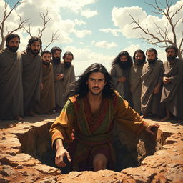 Joseph, a handsome young man with long dark hair, is depicted dramatically falling into a deep well