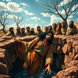 Joseph, a handsome young man with long dark hair, is depicted dramatically falling into a deep well