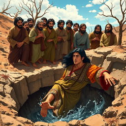 Joseph, a handsome young man with long dark hair, is depicted dramatically falling into a deep well