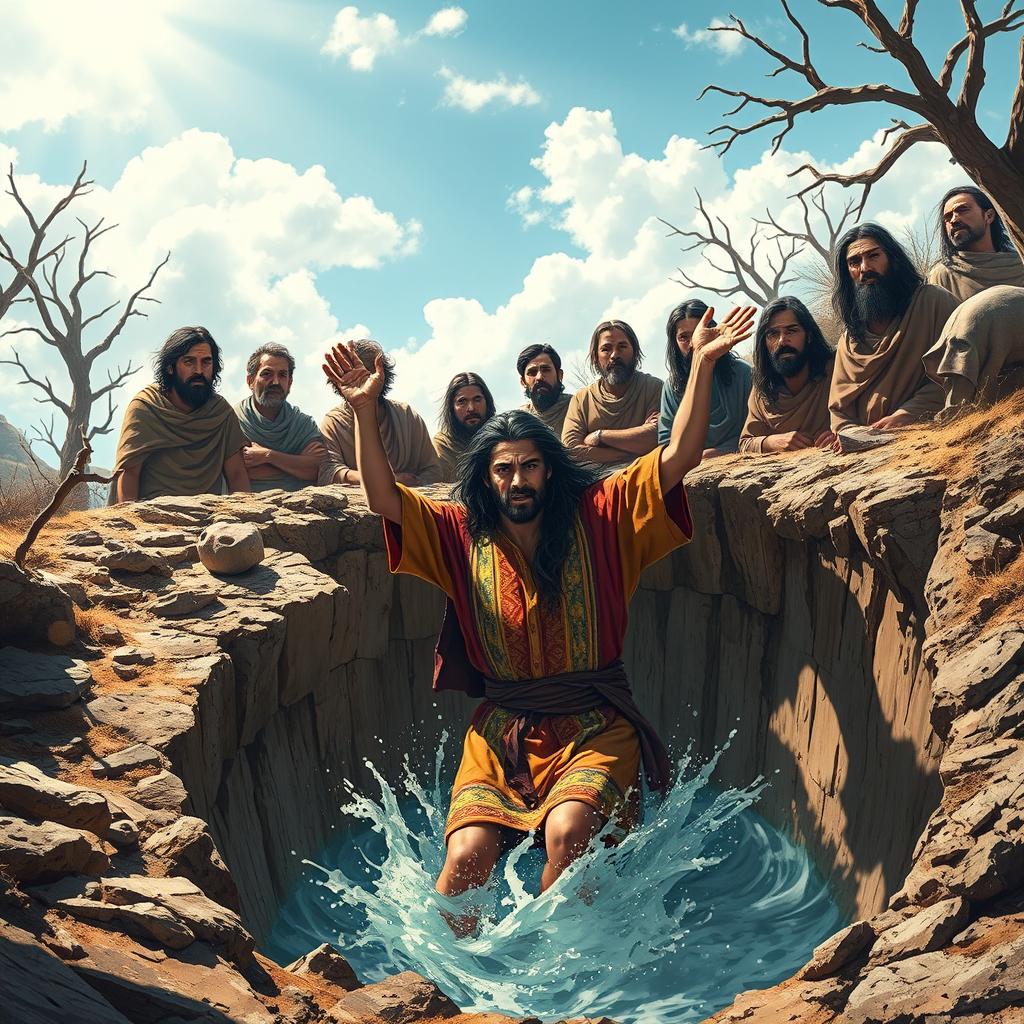 Joseph, a handsome young man with long dark hair, is depicted dramatically falling into a deep well