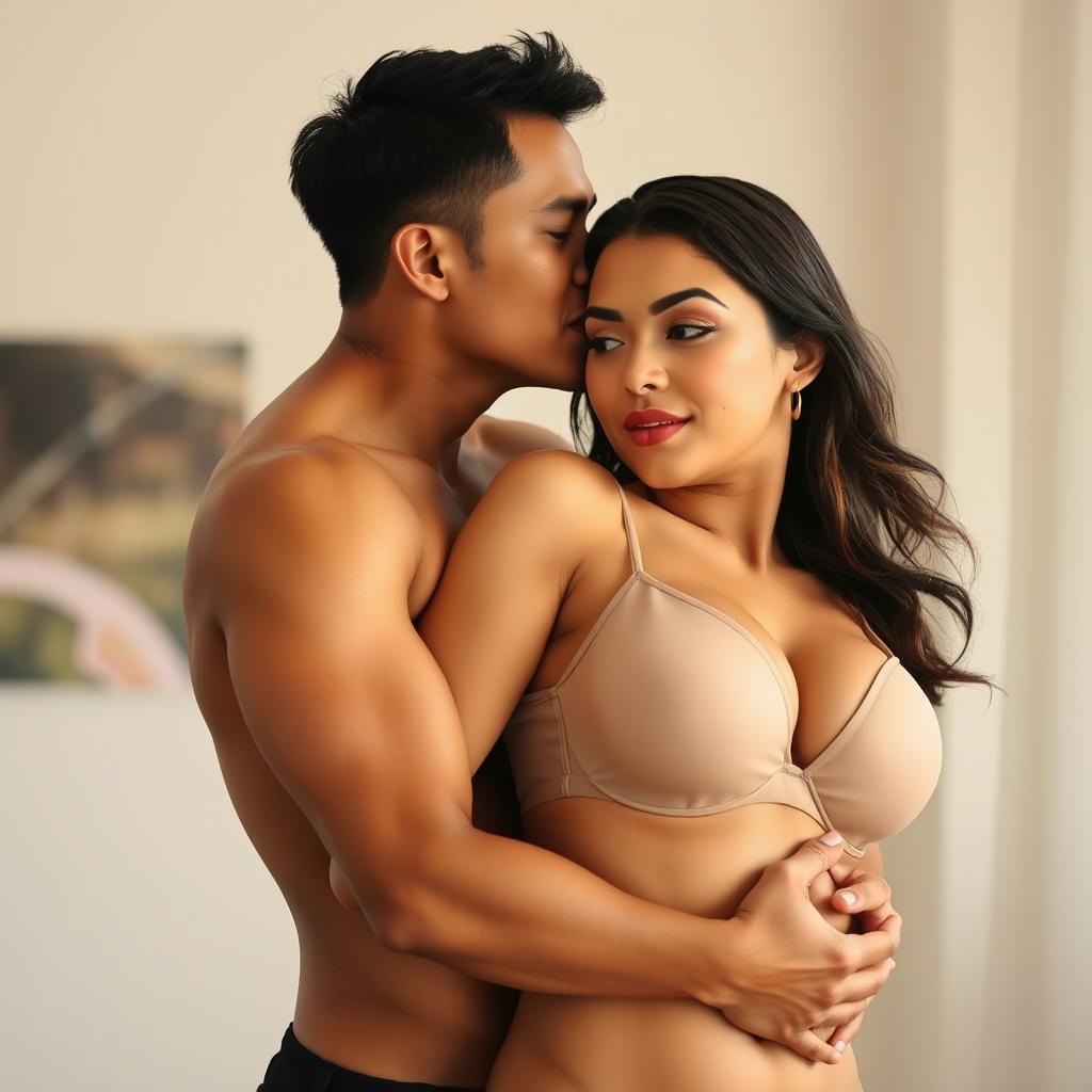 A 39-year-old Indonesian man with an athletic physique and handsome features, tenderly hugging a beautiful 28-year-old woman with a sturdy and sexy body from behind