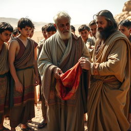 Eleven young men dressed in traditional Canaanite clothing, featuring richly woven fabrics with ancient patterns, are depicted in a dramatic and emotional scene