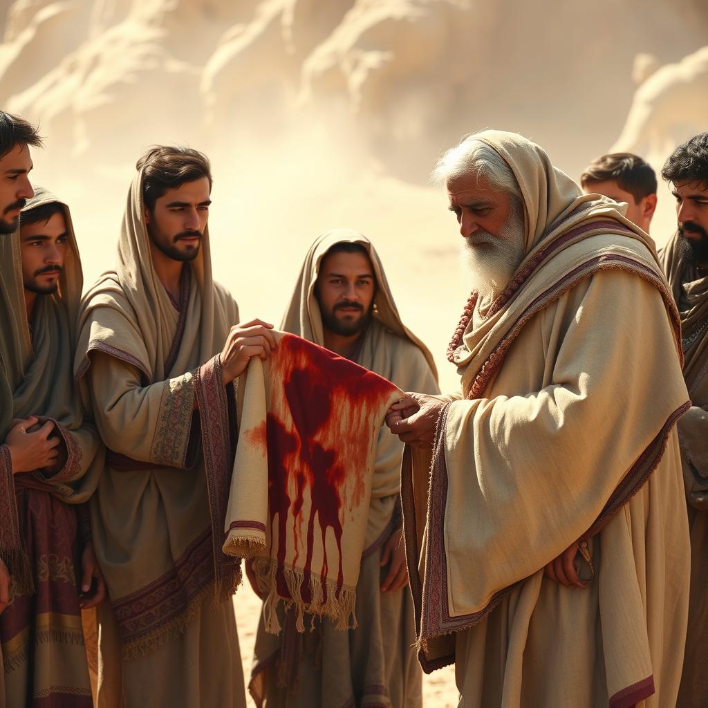 Eleven young men dressed in traditional Canaanite clothing, featuring richly woven fabrics with ancient patterns, are depicted in a dramatic and emotional scene