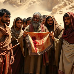 Eleven young men dressed in traditional Canaanite clothing, featuring richly woven fabrics with ancient patterns, are depicted in a dramatic and emotional scene
