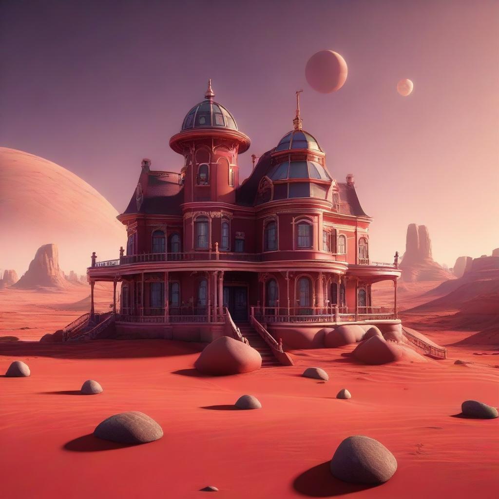 A Pixar-style drone's eye view of a charming Victorian villa on Mars. Its architecture blends playfully with the red Martian landscape, with a distant cosmic horizon providing the perfect cartoon-esque backdrop.