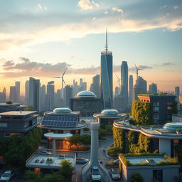 A futuristic city skyline featuring innovative sustainable and renewable electrical technologies