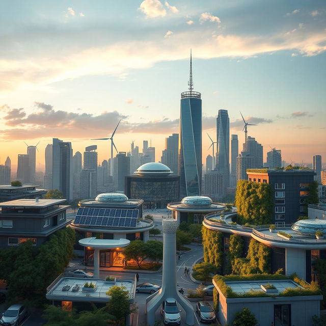 A futuristic city skyline featuring innovative sustainable and renewable electrical technologies
