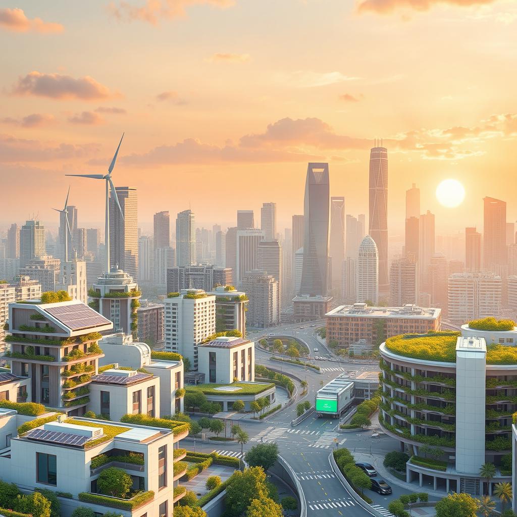 A futuristic city skyline featuring innovative sustainable and renewable electrical technologies