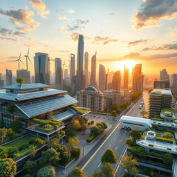 A futuristic city skyline featuring innovative sustainable and renewable electrical technologies
