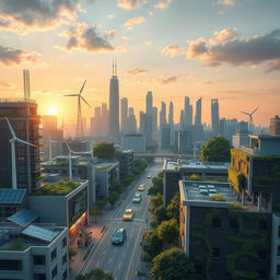 A futuristic city skyline featuring innovative sustainable and renewable electrical technologies