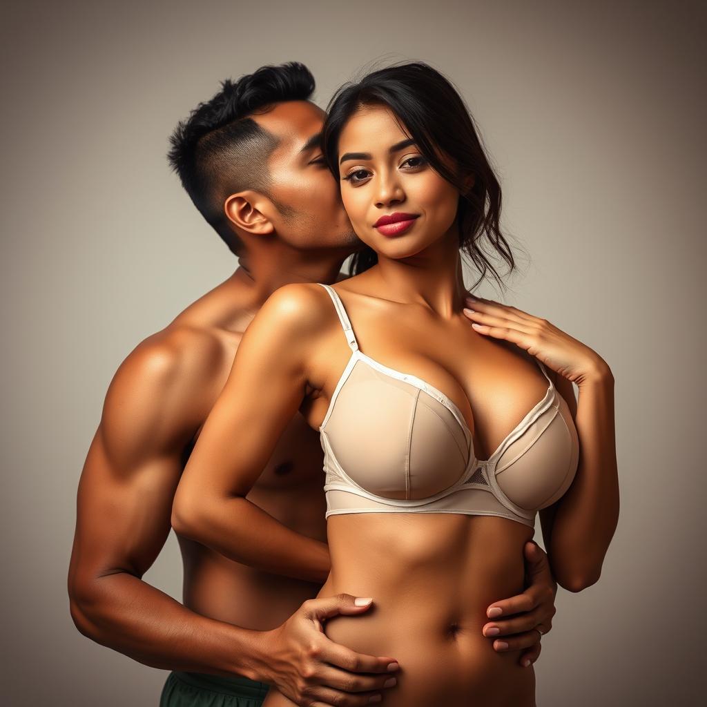 A 39-year-old Indonesian man with an athletic build and handsome features, embracing a beautiful 28-year-old woman with a sturdy and sexy body from behind in a very affectionate manner while kissing her cheek