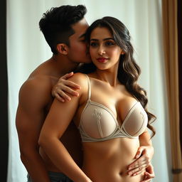 A 39-year-old Indonesian man with an athletic build and handsome features, embracing a beautiful 28-year-old woman with a sturdy and sexy body from behind in a very affectionate manner while kissing her cheek